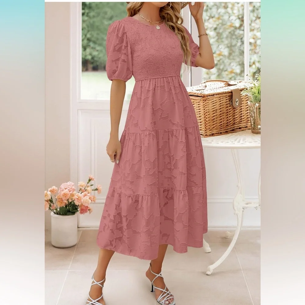 knee length dresses for ladies Modest Plus Size Maxi Dress with Long Puff Sleeves – Ever-Pretty Plus main image 1